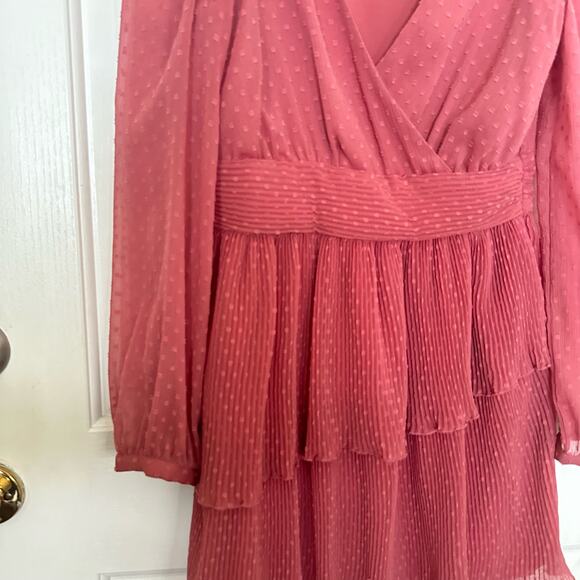 Zara Dress Pink Clip Dot Faux Wrap Mesh Tiered Mini Babydoll Boho Small - Picture 5 of 7
